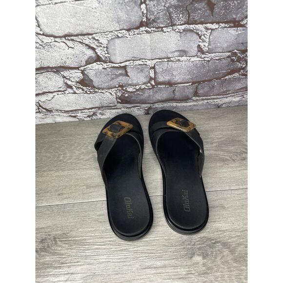 OluKai La'i Slide Black Leather Leopard Beach Sandals Women Sz 8M US/38EU - Picture 10 of 16